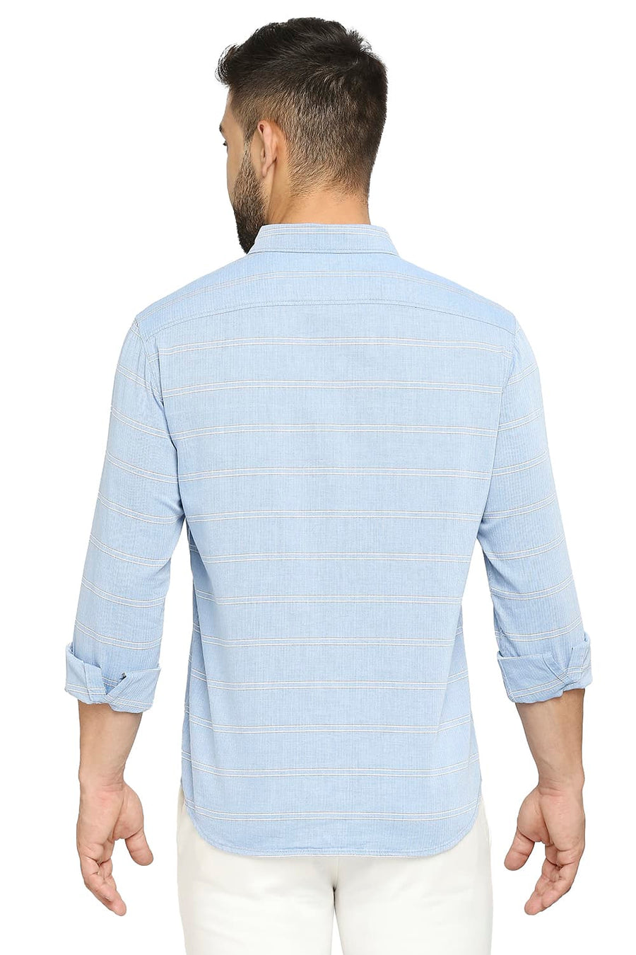 BASICS SLIM FIT FRENCH BLUE COTTON TWILL WEFT STRIPE SHIRT