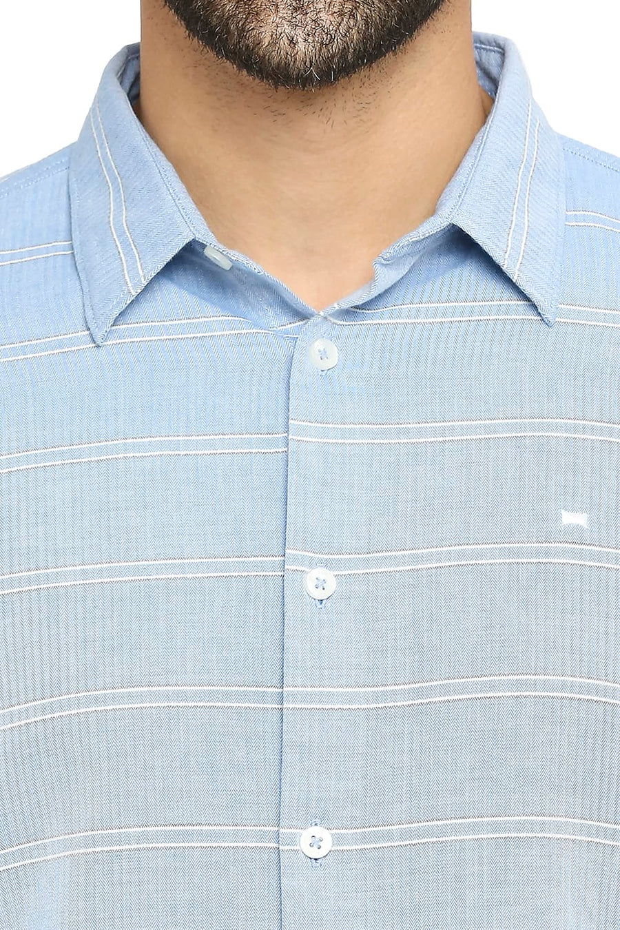 BASICS SLIM FIT FRENCH BLUE COTTON TWILL WEFT STRIPE SHIRT