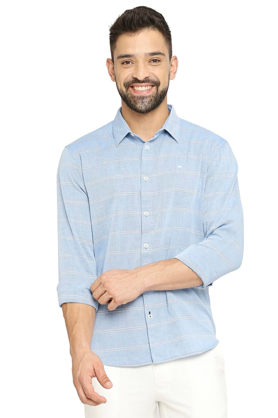 BASICS SLIM FIT FRENCH BLUE COTTON TWILL WEFT STRIPE SHIRT