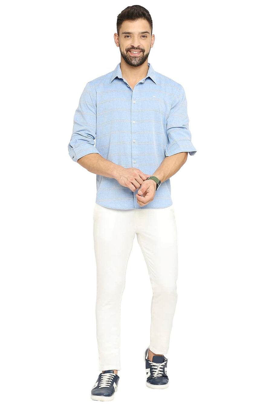 BASICS SLIM FIT FRENCH BLUE COTTON TWILL WEFT STRIPE SHIRT
