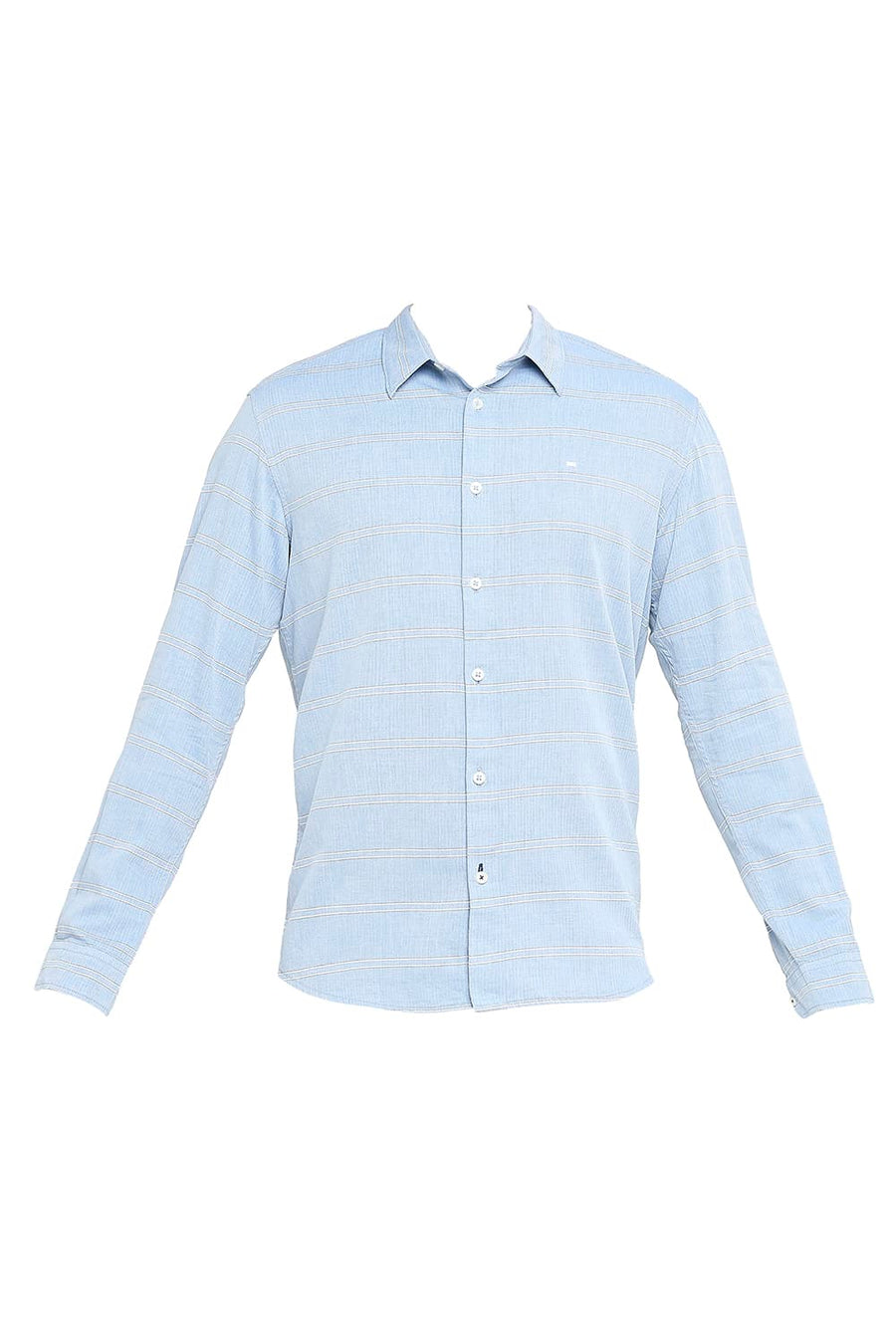 BASICS SLIM FIT FRENCH BLUE COTTON TWILL WEFT STRIPE SHIRT