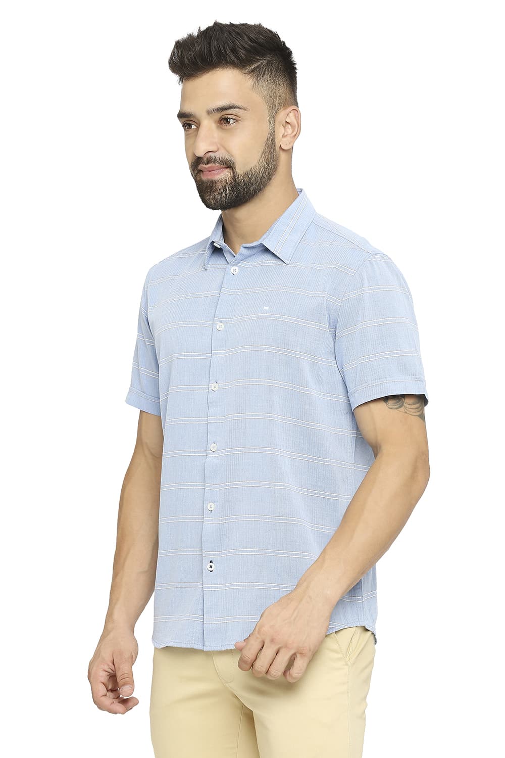 BASICS SLIM FIT COTTON TWILL WEFT STRIPE HALFSLEEVES SHIRT