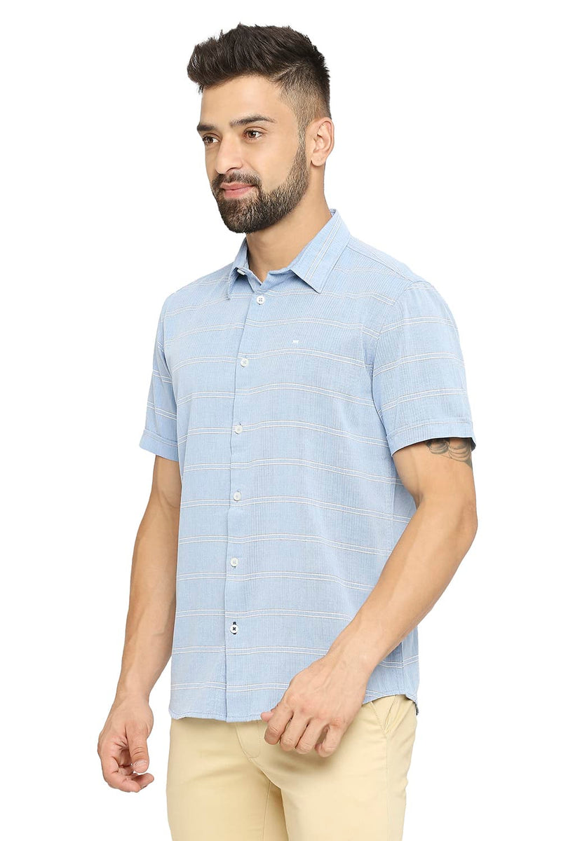 BASICS SLIM FIT COTTON TWILL WEFT STRIPE HALFSLEEVES SHIRT