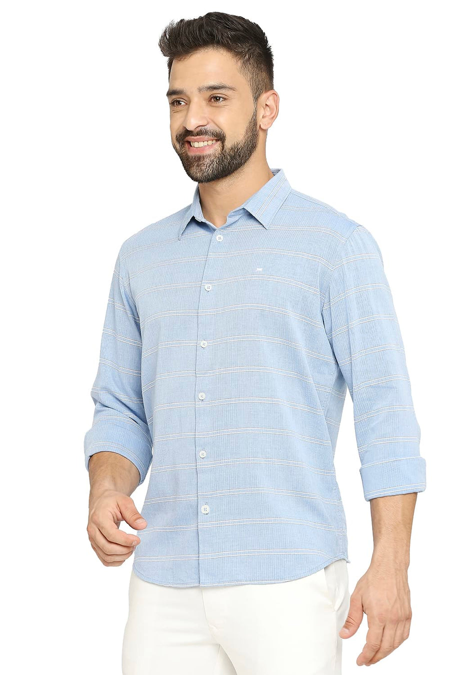BASICS SLIM FIT FRENCH BLUE COTTON TWILL WEFT STRIPE SHIRT