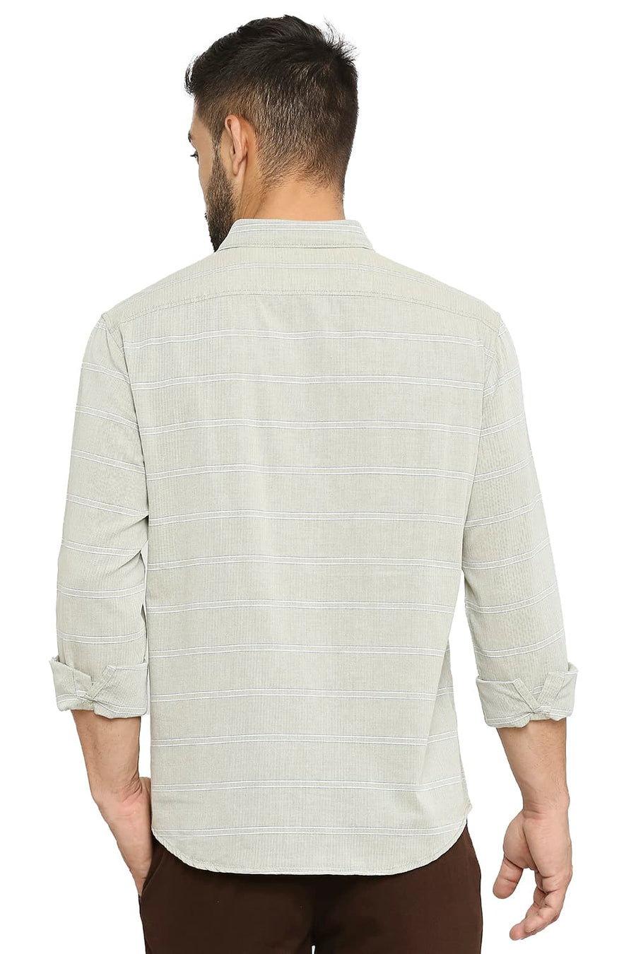 BASICS SLIM FIT TENDRIL OLIVE COTTON TWILL WEFT STRIPE SHIRT