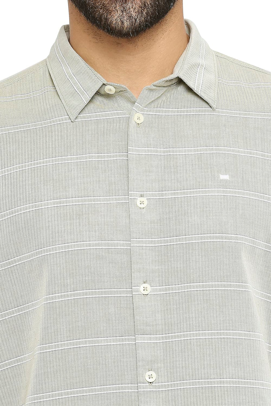 BASICS SLIM FIT TENDRIL OLIVE COTTON TWILL WEFT STRIPE SHIRT