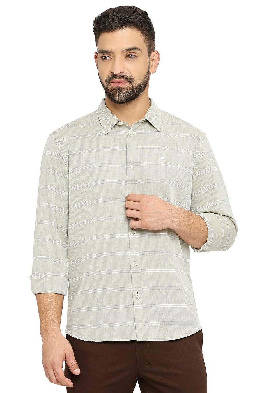 BASICS SLIM FIT TENDRIL OLIVE COTTON TWILL WEFT STRIPE SHIRT