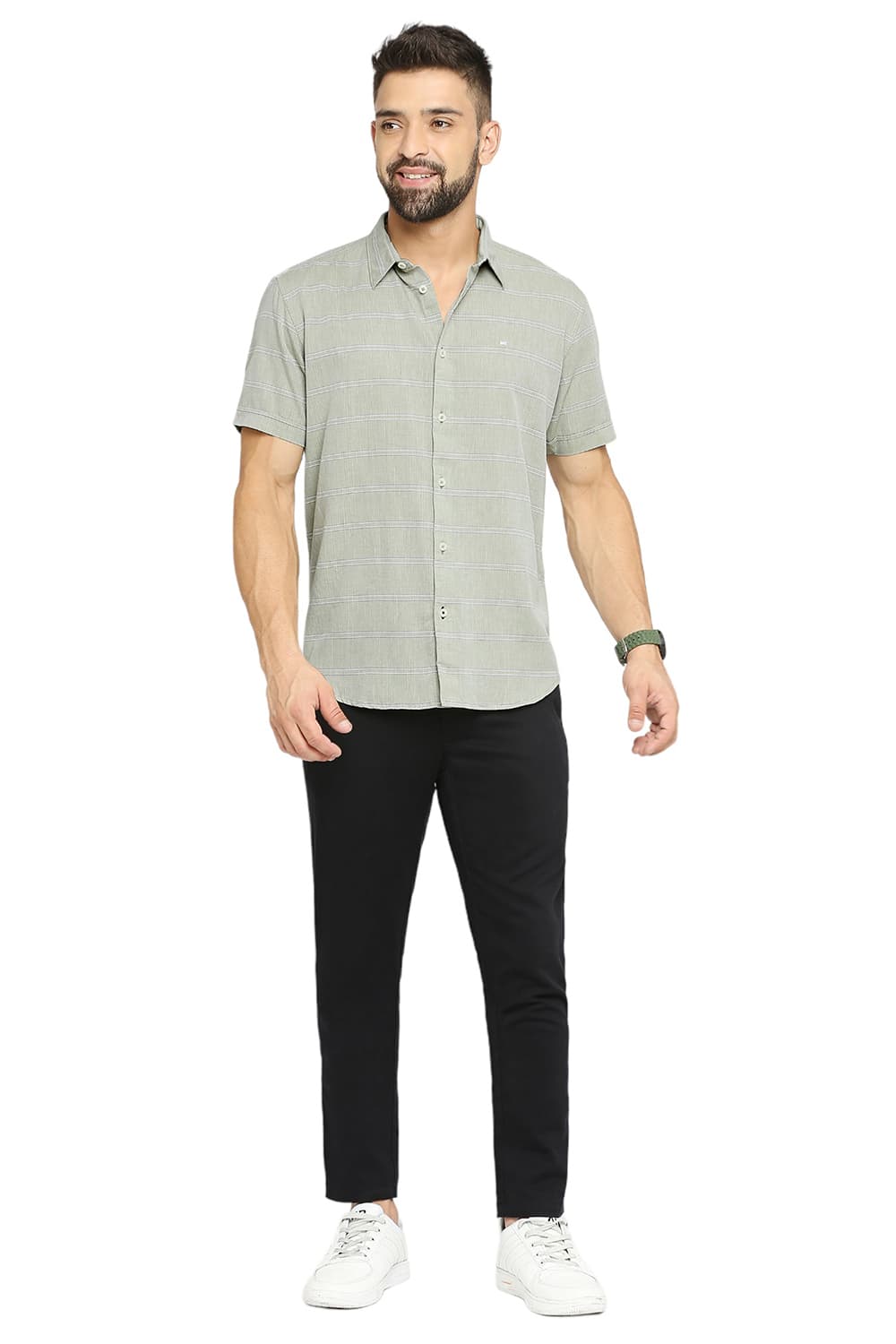 BASICS SLIM FIT COTTON TWILL WEFT STRIPE HALFSLEEVES SHIRT