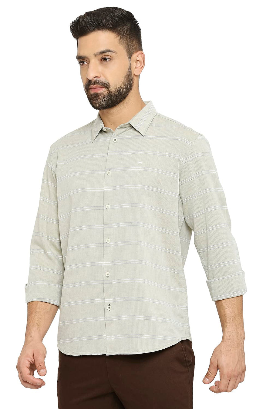 BASICS SLIM FIT TENDRIL OLIVE COTTON TWILL WEFT STRIPE SHIRT