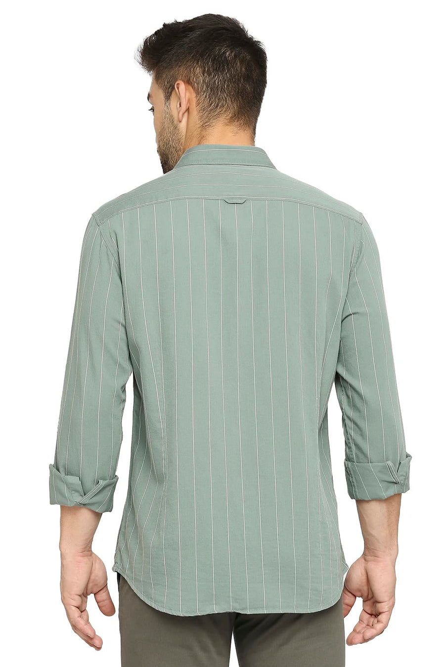 BASICS SLIM FIT LAUREL GREEN COTTON TWILL STRIPE SHIRT