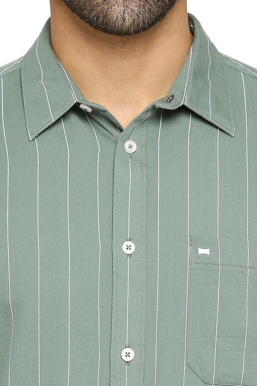 BASICS SLIM FIT LAUREL GREEN COTTON TWILL STRIPE SHIRT