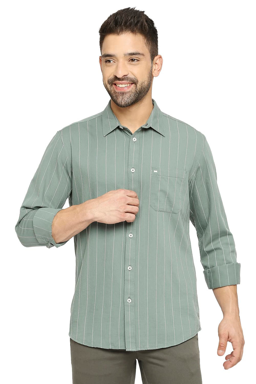 BASICS SLIM FIT LAUREL GREEN COTTON TWILL STRIPE SHIRT