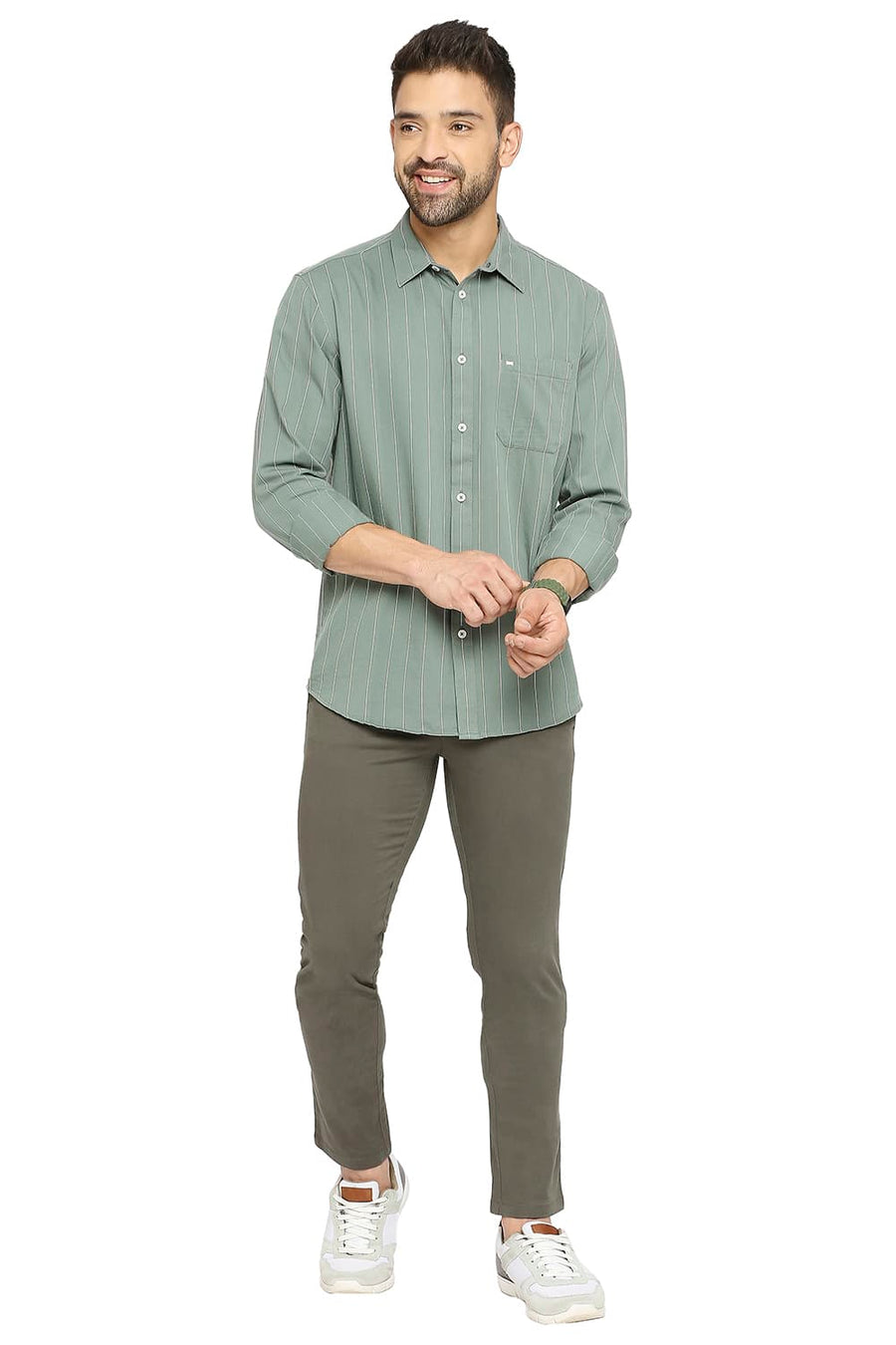 BASICS SLIM FIT LAUREL GREEN COTTON TWILL STRIPE SHIRT