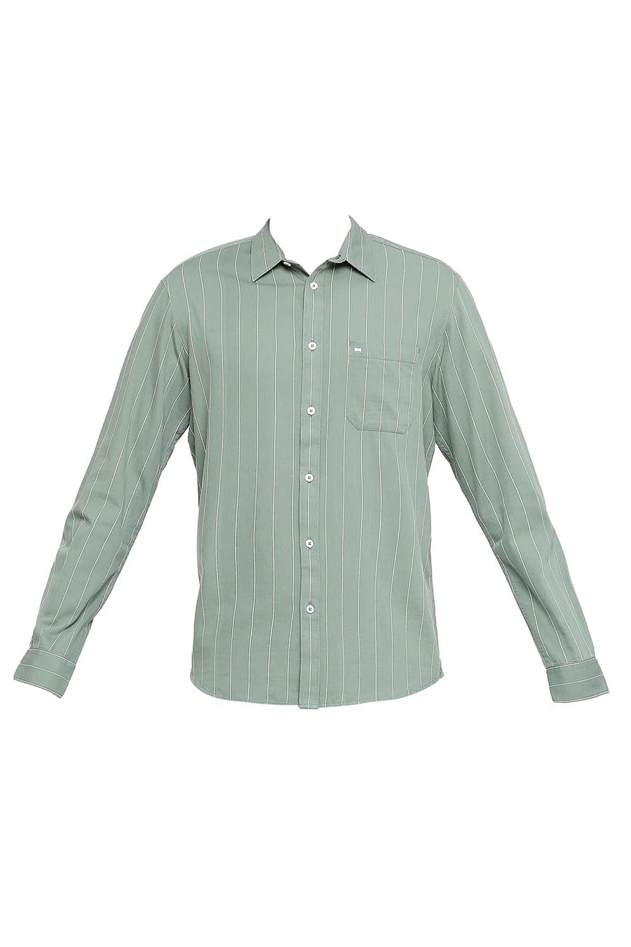 BASICS SLIM FIT LAUREL GREEN COTTON TWILL STRIPE SHIRT