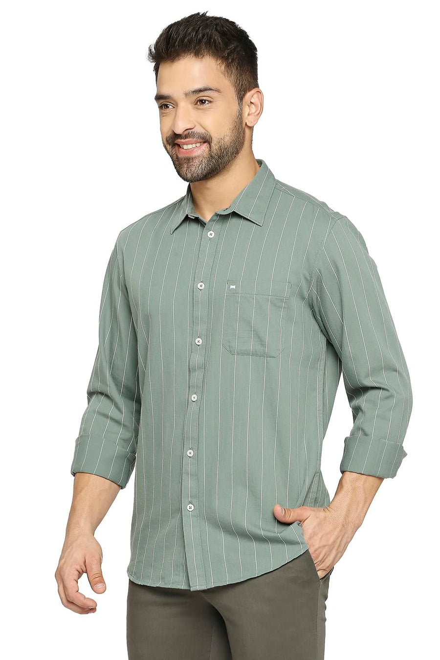 BASICS SLIM FIT LAUREL GREEN COTTON TWILL STRIPE SHIRT