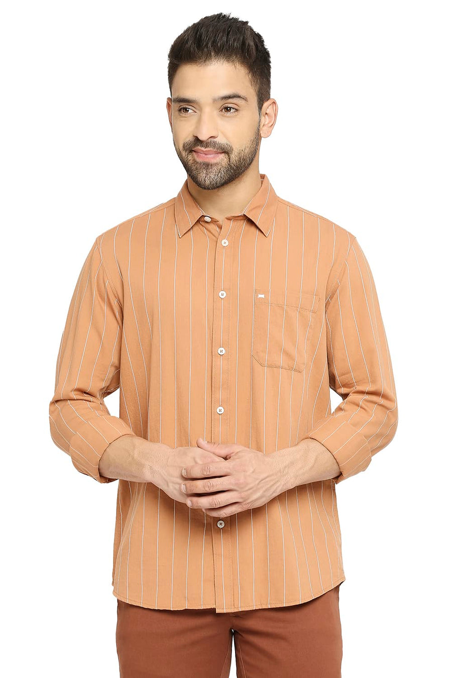 BASICS SLIM FIT HAZEL ORANGE COTTON TWILL STRIPE SHIRT