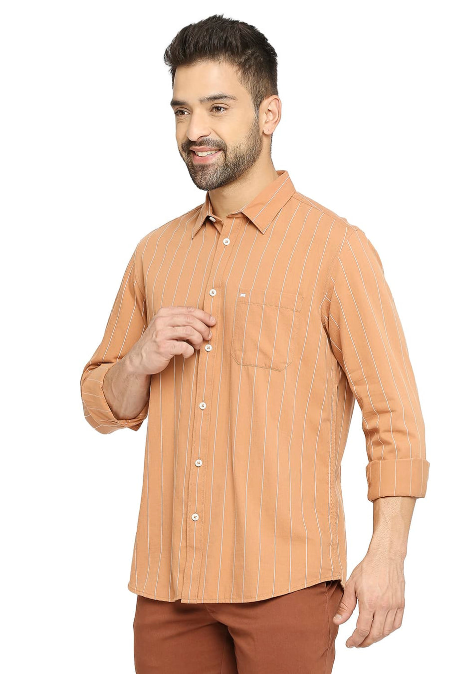 BASICS SLIM FIT HAZEL ORANGE COTTON TWILL STRIPE SHIRT