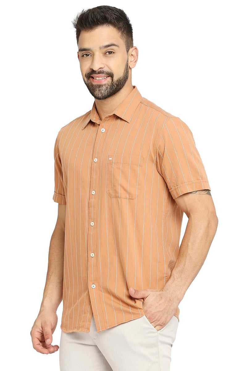 BASICS SLIM FIT COTTON TWILL STRIPE HALFSLEEVES SHIRT