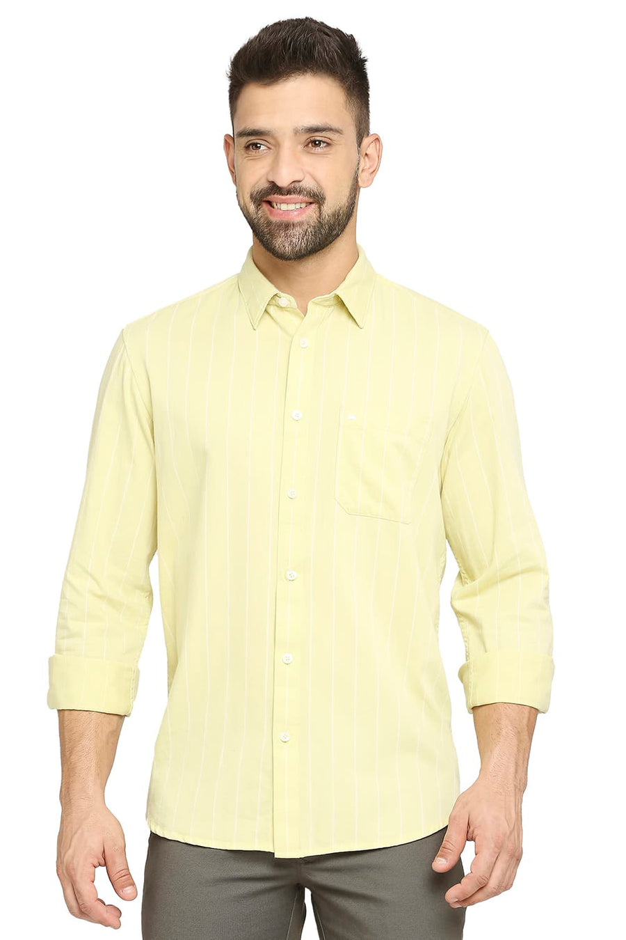 BASICS SLIM FIT LIME GREEN COTTON TWILL STRIPE SHIRT