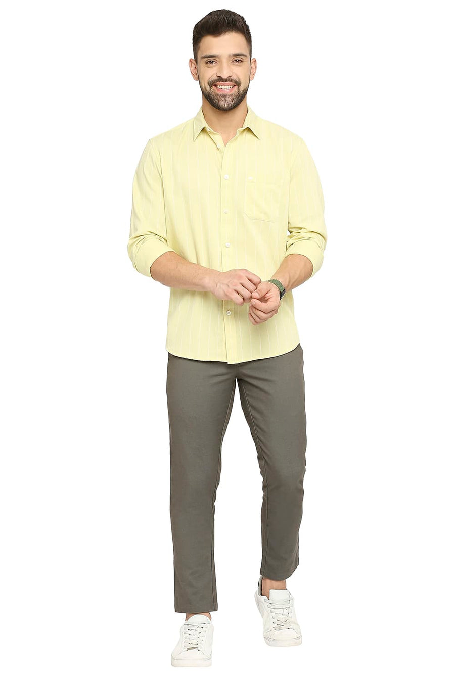 BASICS SLIM FIT LIME GREEN COTTON TWILL STRIPE SHIRT
