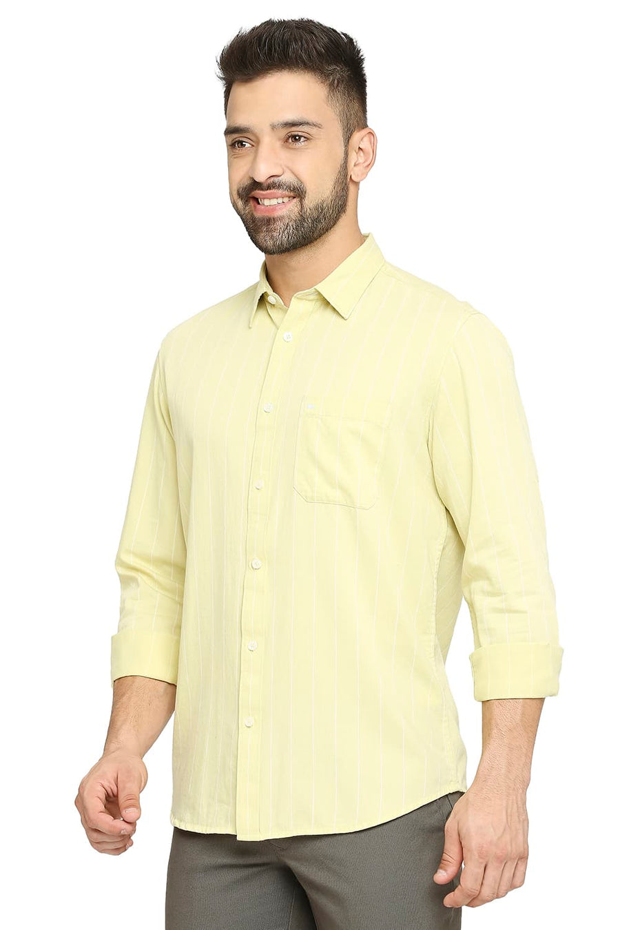 BASICS SLIM FIT LIME GREEN COTTON TWILL STRIPE SHIRT