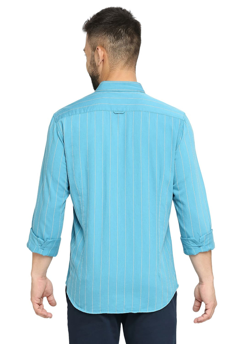 BASICS SLIM FIT STORM BLUE COTTON TWILL STRIPE SHIRT