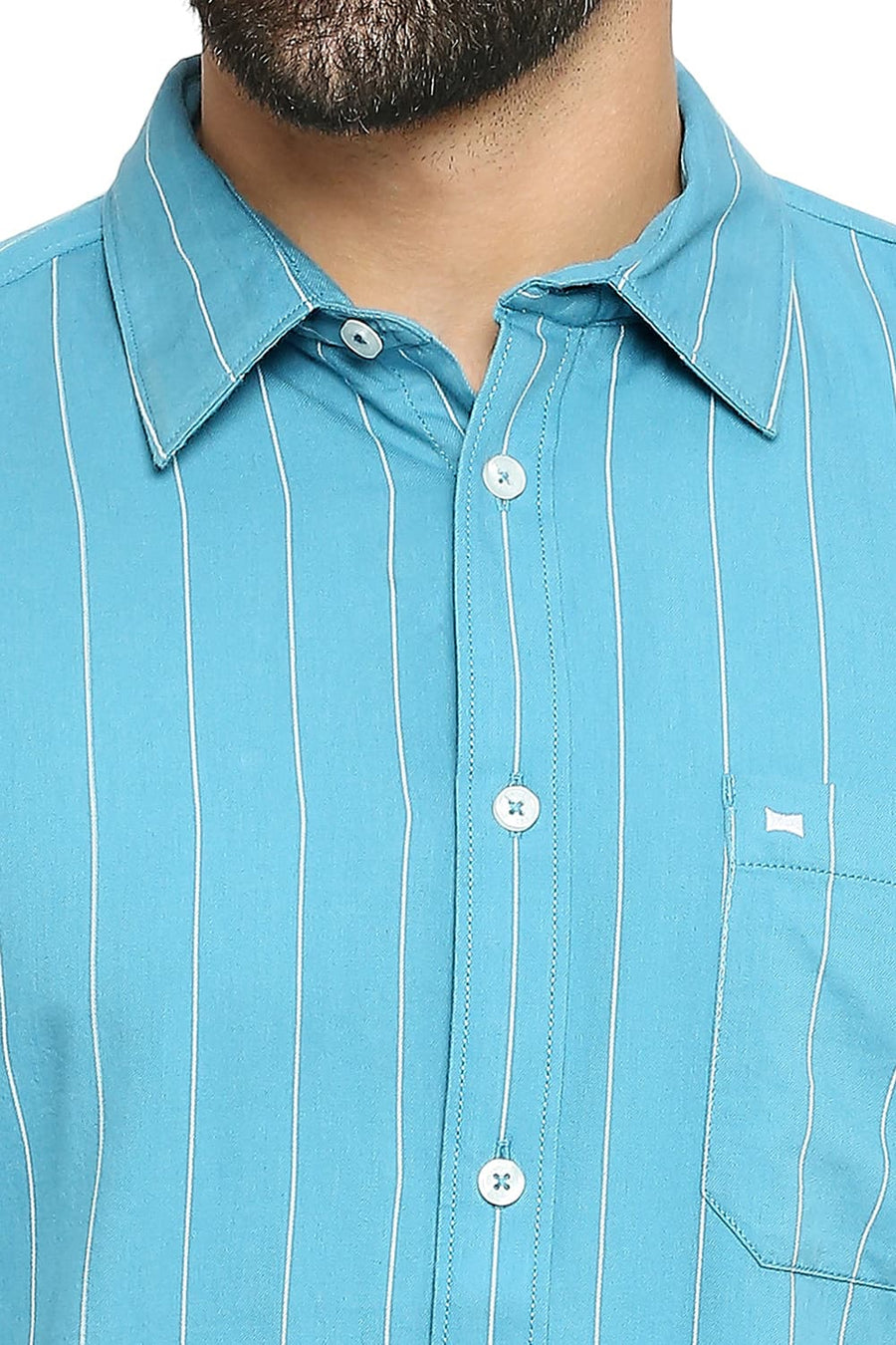 BASICS SLIM FIT STORM BLUE COTTON TWILL STRIPE SHIRT