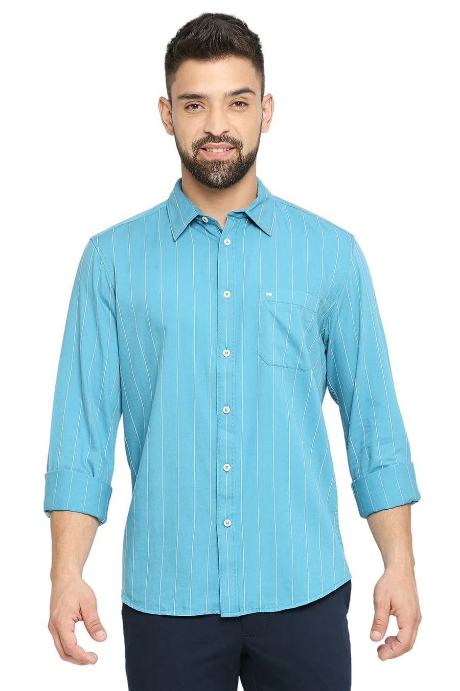 BASICS SLIM FIT STORM BLUE COTTON TWILL STRIPE SHIRT