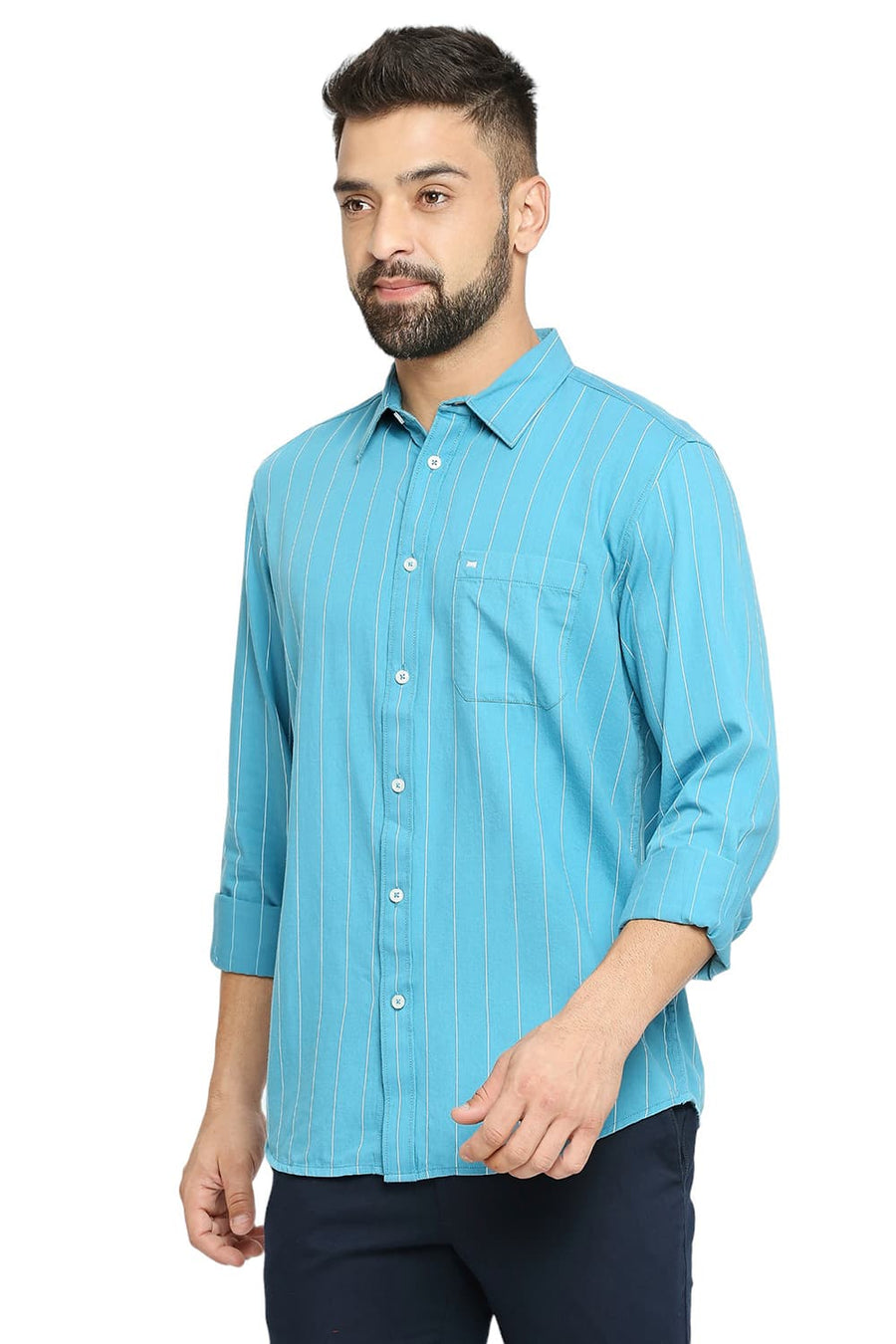 BASICS SLIM FIT STORM BLUE COTTON TWILL STRIPE SHIRT