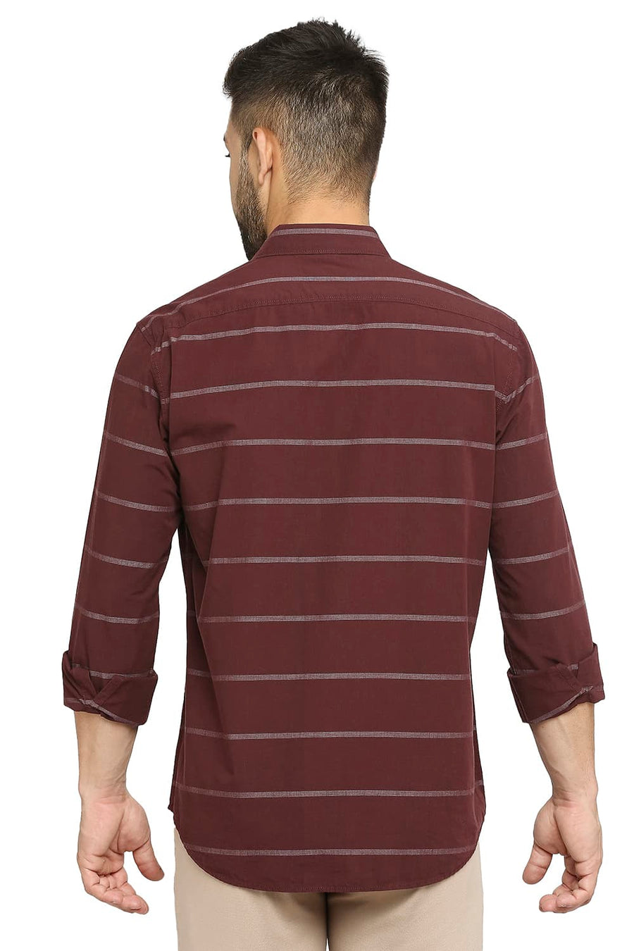 BASICS SLIM FIT CABERNET WINE COTTON WEFT STRIPE SHIRT
