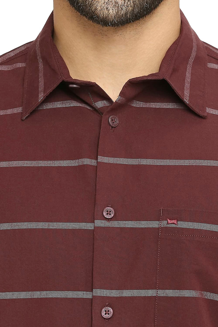 BASICS SLIM FIT CABERNET WINE COTTON WEFT STRIPE SHIRT