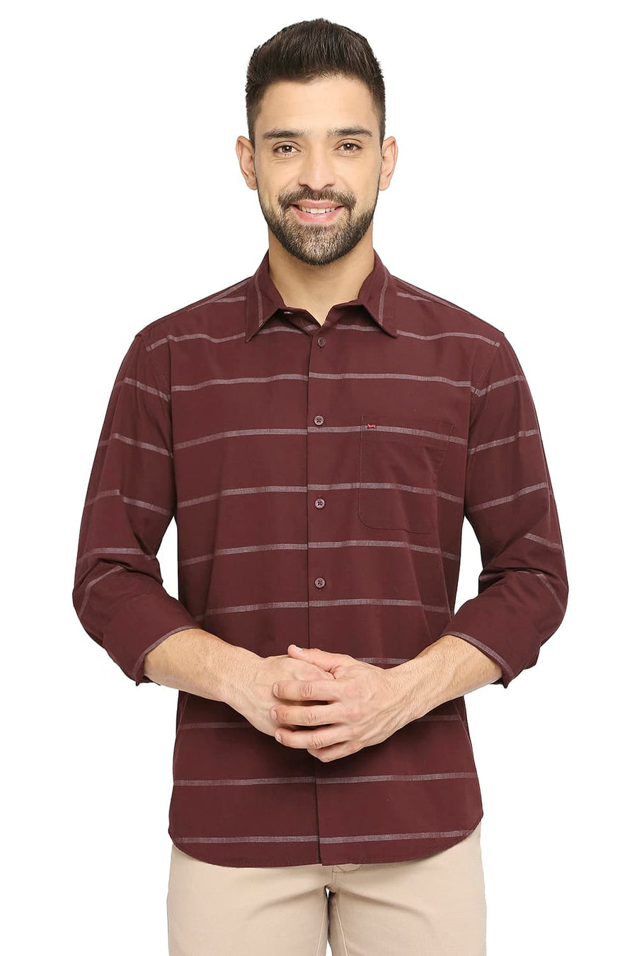 BASICS SLIM FIT CABERNET WINE COTTON WEFT STRIPE SHIRT
