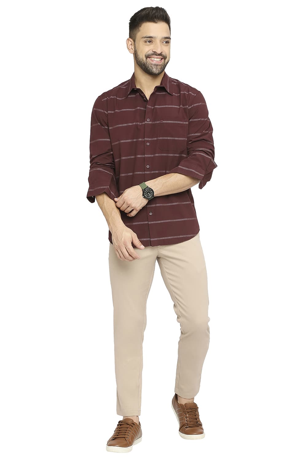 BASICS SLIM FIT COTTON WEFT STRIPE SHIRT