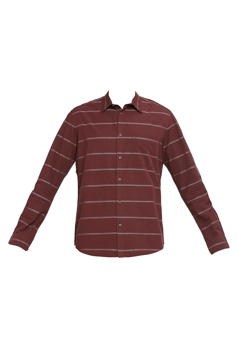 BASICS SLIM FIT CABERNET WINE COTTON WEFT STRIPE SHIRT