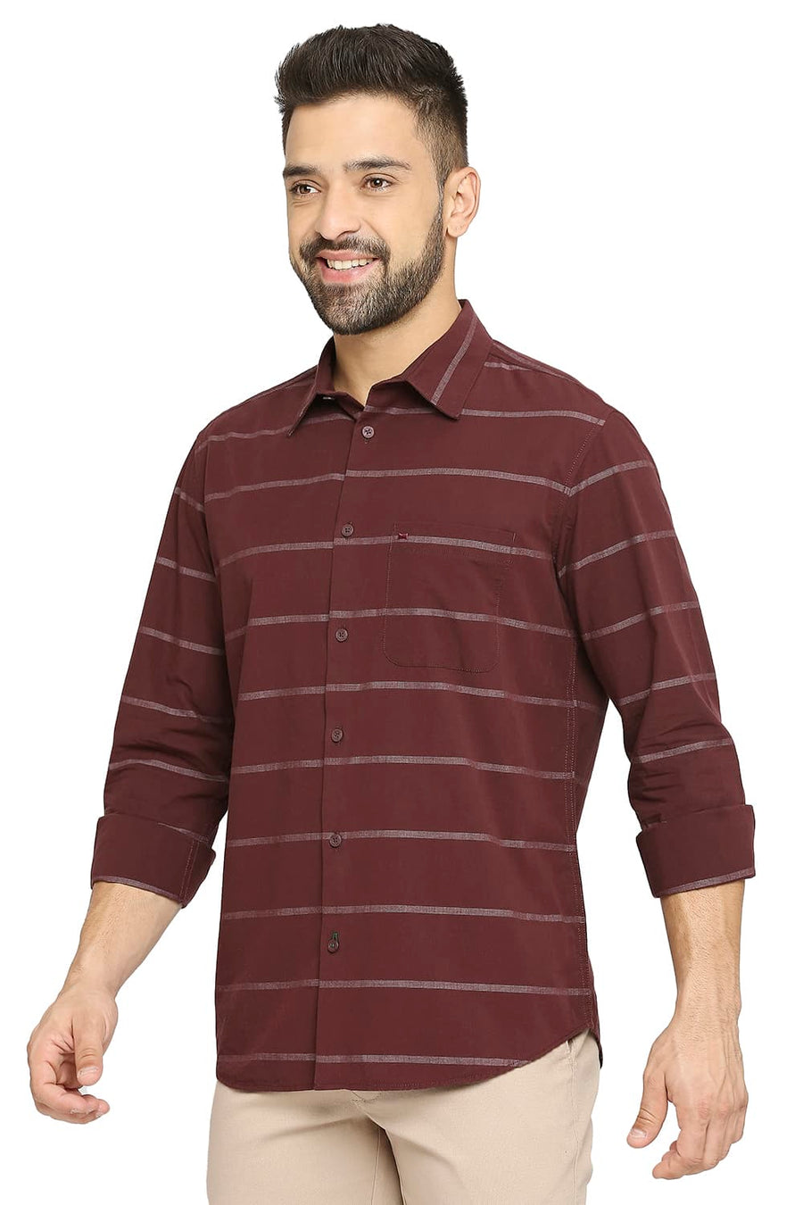BASICS SLIM FIT CABERNET WINE COTTON WEFT STRIPE SHIRT