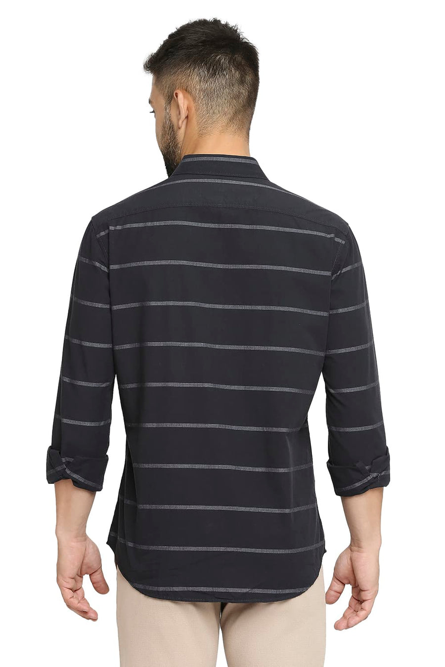 BASICS SLIM FIT GANACHE BLACK COTTON WEFT STRIPE SHIRT