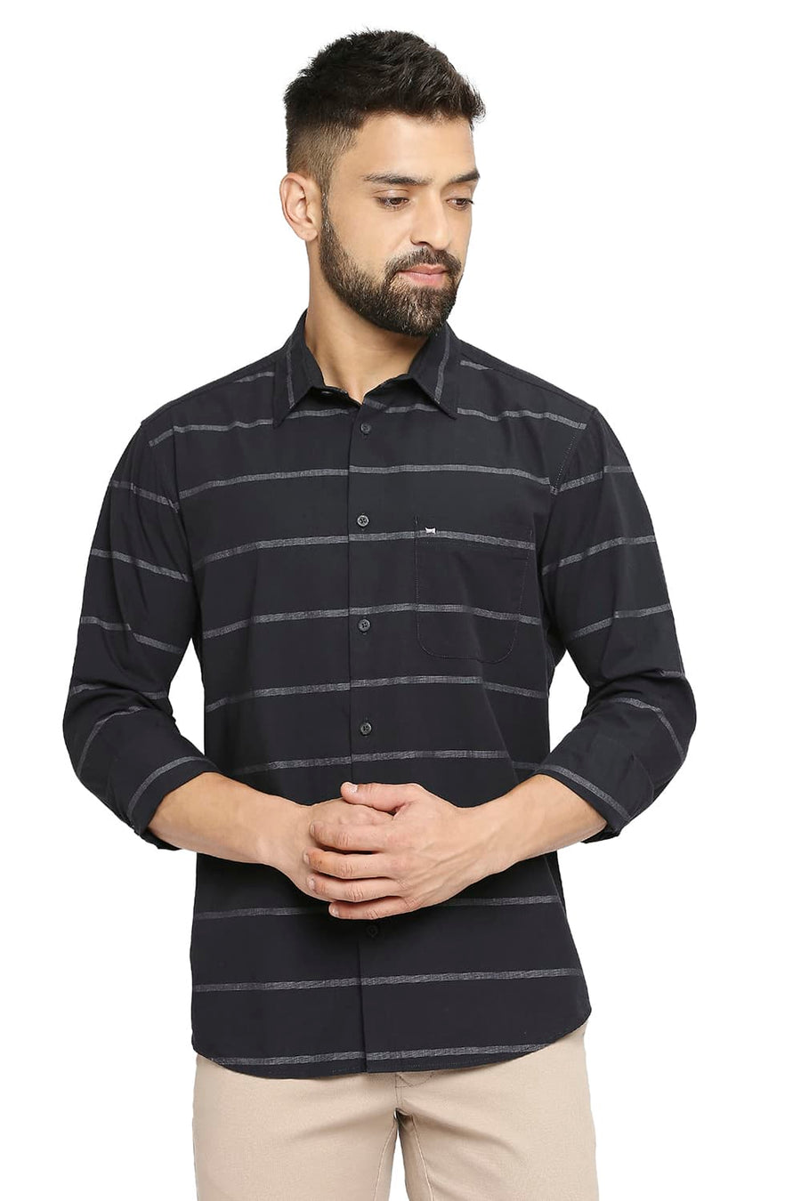 BASICS SLIM FIT GANACHE BLACK COTTON WEFT STRIPE SHIRT