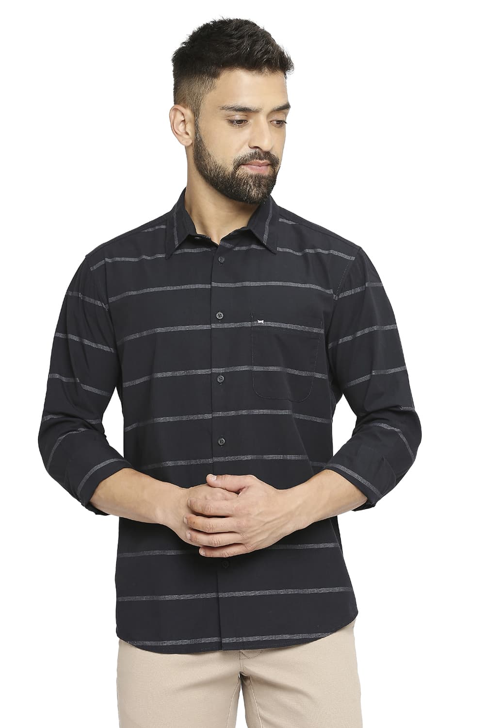 BASICS SLIM FIT COTTON WEFT STRIPE SHIRT