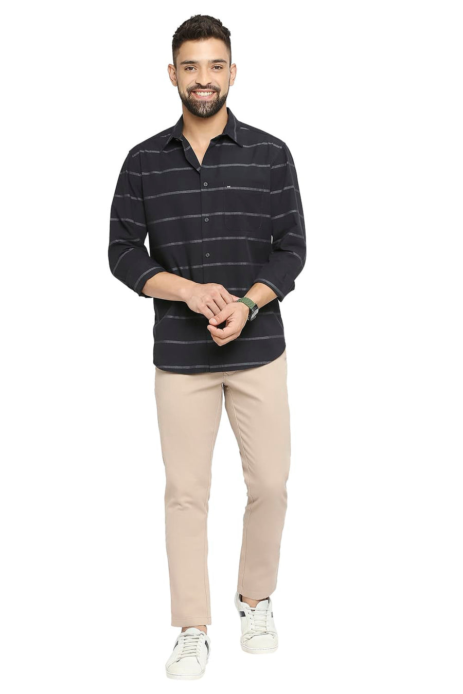 BASICS SLIM FIT GANACHE BLACK COTTON WEFT STRIPE SHIRT