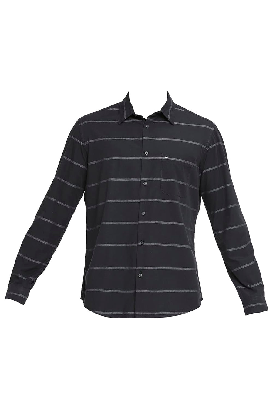 BASICS SLIM FIT GANACHE BLACK COTTON WEFT STRIPE SHIRT