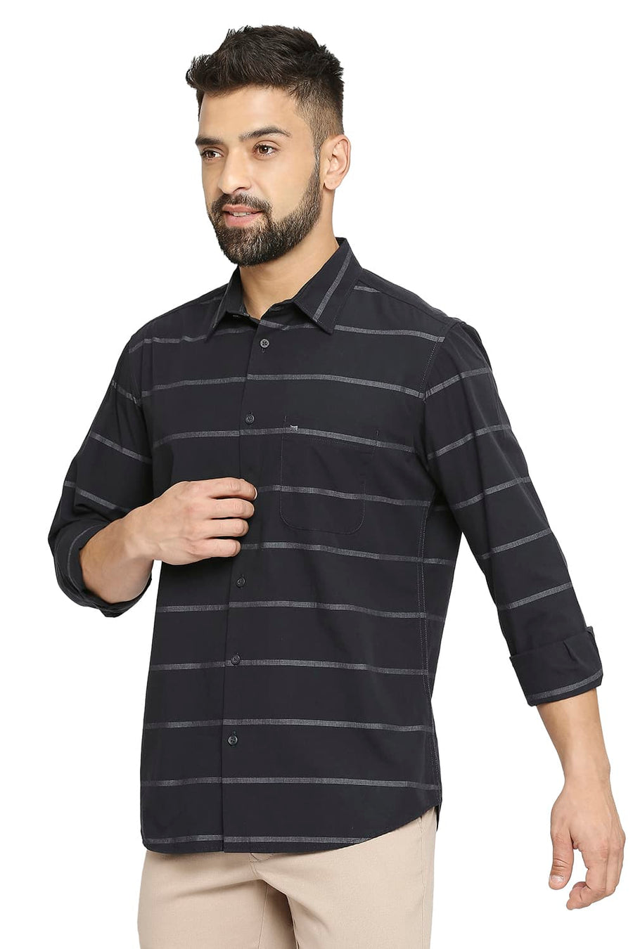 BASICS SLIM FIT GANACHE BLACK COTTON WEFT STRIPE SHIRT
