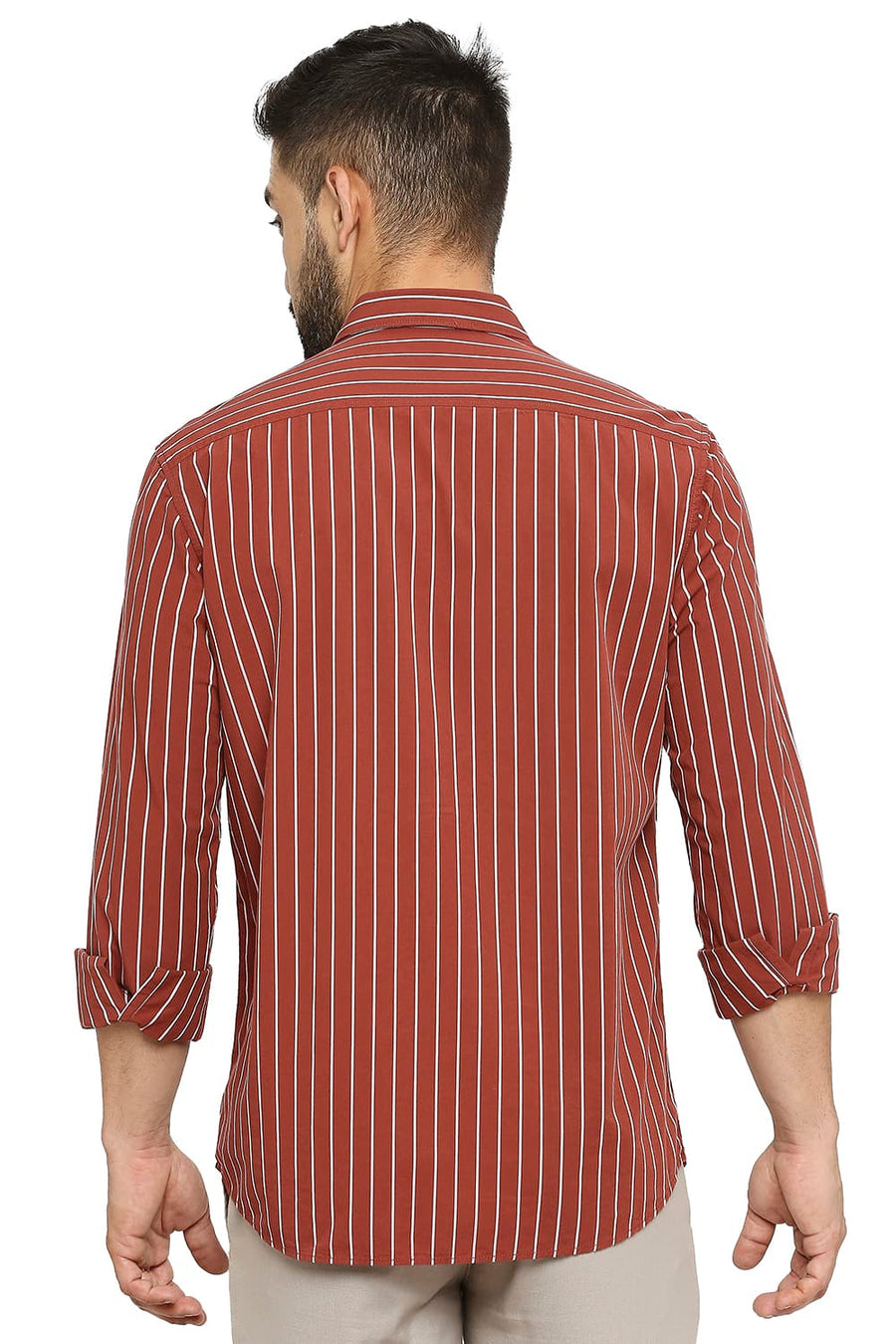 BASICS SLIM FIT SABLE BROWN COTTON STRIPE SHIRT