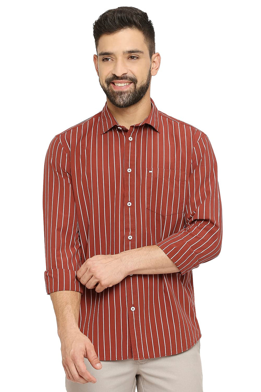 BASICS SLIM FIT SABLE BROWN COTTON STRIPE SHIRT