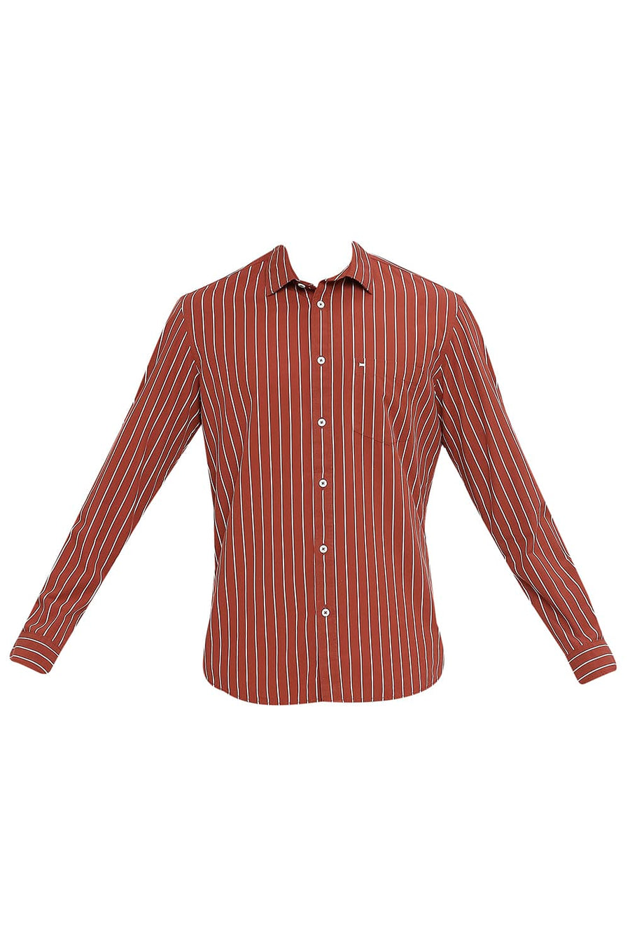 BASICS SLIM FIT SABLE BROWN COTTON STRIPE SHIRT