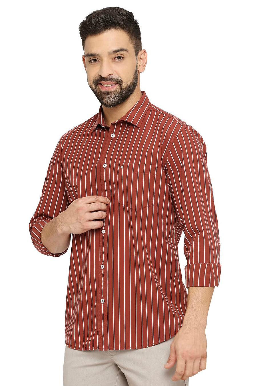 BASICS SLIM FIT SABLE BROWN COTTON STRIPE SHIRT