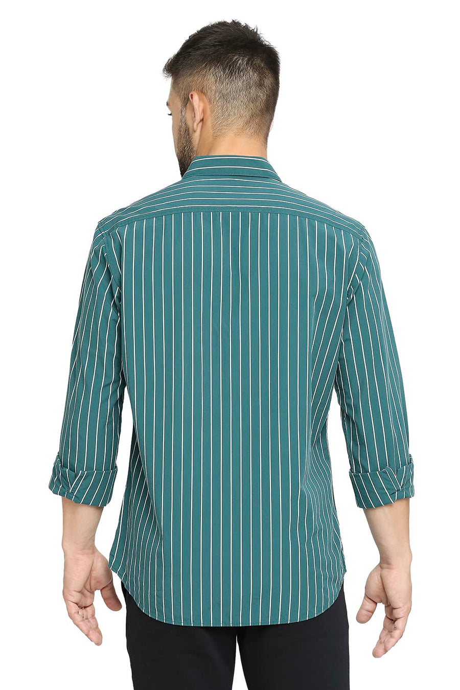 BASICS SLIM FIT JASPER GREEN COTTON STRIPE SHIRT
