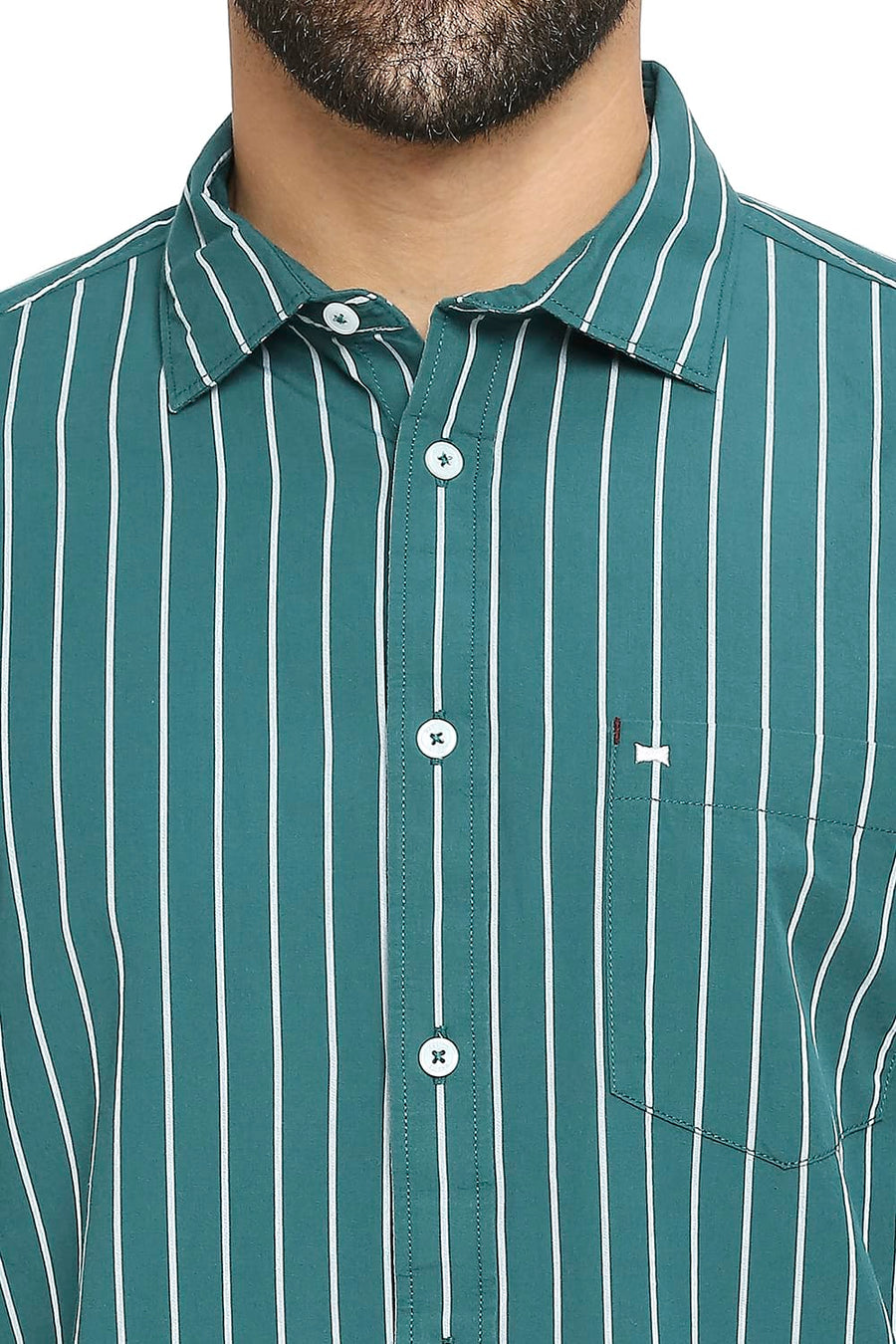 BASICS SLIM FIT JASPER GREEN COTTON STRIPE SHIRT