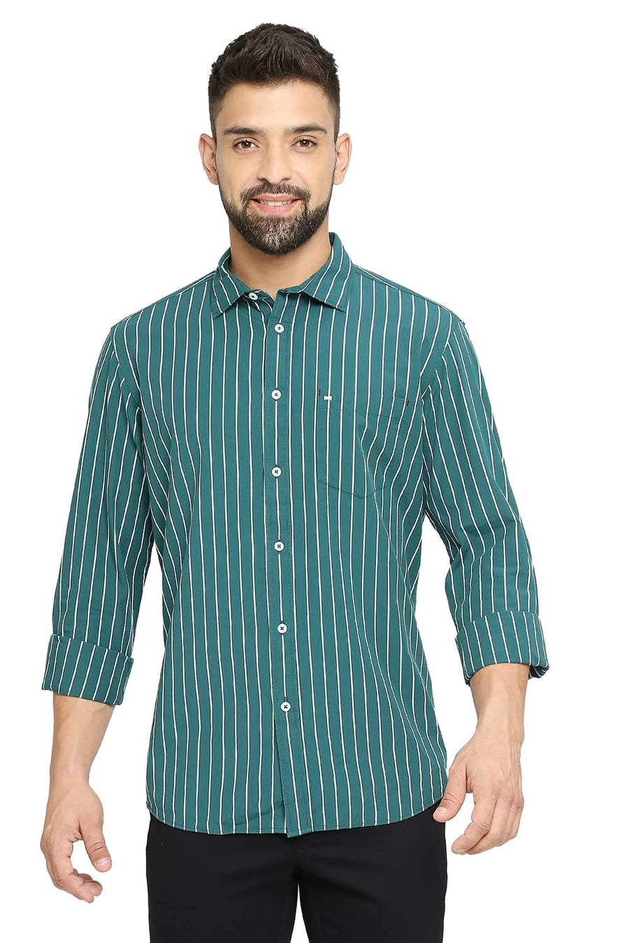 BASICS SLIM FIT JASPER GREEN COTTON STRIPE SHIRT