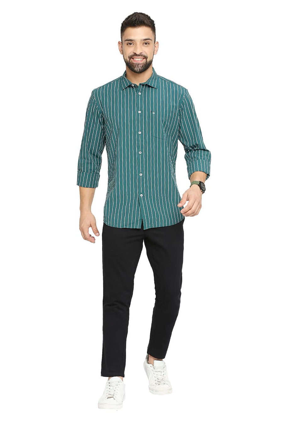 BASICS SLIM FIT JASPER GREEN COTTON STRIPE SHIRT