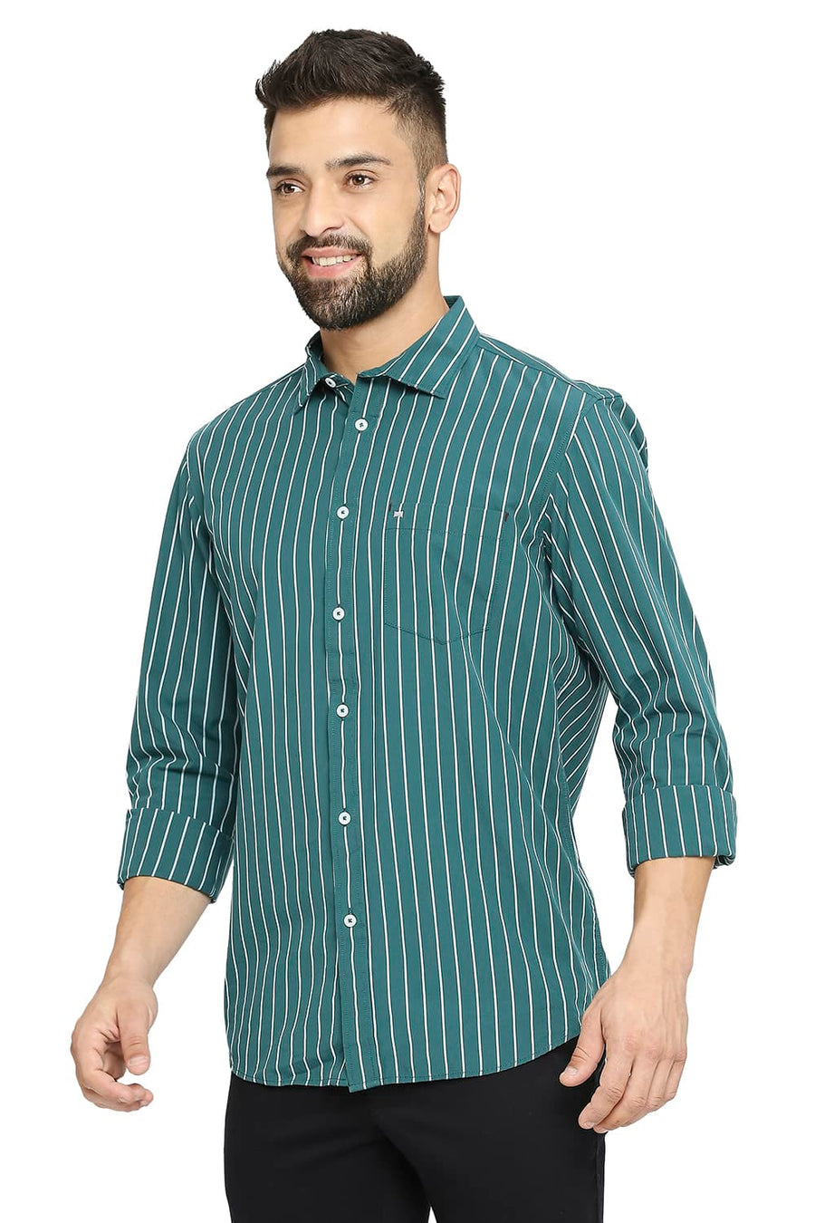 BASICS SLIM FIT JASPER GREEN COTTON STRIPE SHIRT